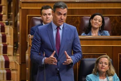 El presidente del Gobierno, Pedro Sánchez, interviene en la sesión de control en el Congreso este miércoles.
