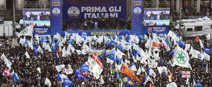 Un mitín del partido de extrema derecha Liga Norta, en Milán.