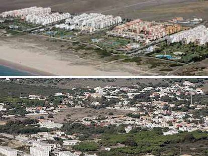 Arriba, Zahara de los Atunes, donde se demolerán las construcciones que invaden la zona pública. Abajo, arenal de los Caños de Meca, donde se quieren mejorar los accesos a la costa.