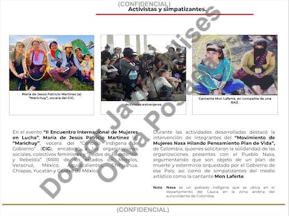 Diapositiva que presenta a "activistas y simpatizantes" del EZLN, incluídas la excandidata independiente a la presidencia, María de Jesús Patricio Martínez "Marichuy" y la cantante Mon Laferte.