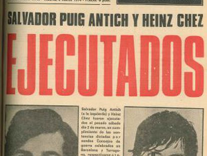 Portada de El Caso, semanario especializado en sucesos, con la noticia de la ejecución, el 2 de marzo de 1974, de Puig Antich, en la prisión Modelo de Barcelona, y Heinz Ches (transcrito como Chez), en Tarragona. Fueron los últimos condenados a los que se aplicó en España el garrote vil.