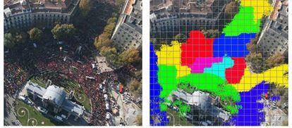 Marcha sindical en Madrid en 2009, analizada por el programa de Lynce. Se contaron 39.921 personas. Cada zona de color agrupa un millar. 