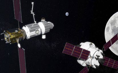 Recreación de la estación orbital lunar Gateway a la izquierda, con una cápsula Orion para transportar astronautas a la derecha.