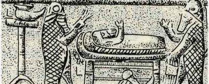 Imagen de un amuleto asirio en el que aparecen dos exorcistas en traje de pez realizando un tratamiento.
