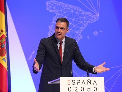 El presidente del Gobierno, Pedro Sánchez, durante la presentación del proyecto España 2050, este jueves en Madrid.