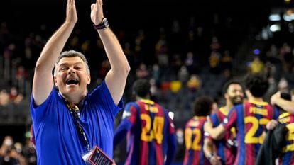 Xavi Pascual celebra el triunfo del Barça en la final de la Liga de Campeones contra el Aalborg.