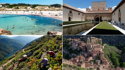 Cuatro rincones turísticos españoles: Una playa en las islas Baleares, la Alhambara de Granada, la Ribeira Sacra y Albarracín.
