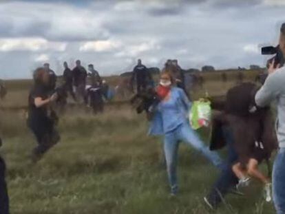 La periodista zancadillea a un hombre con un niño en brazos.