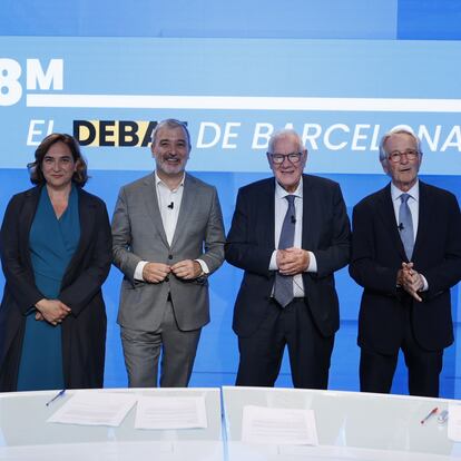 Ada Colau, Jaume Collboni, Ernest Maragall y Xavier Trias, en la jornada del debate de mayo organizado por El País y SER Catalunya, a pocos días del inicio de la campaña electoral.