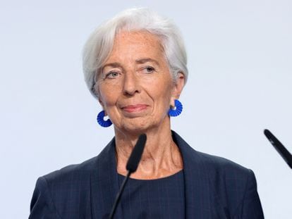 La presidenta del BCE, Christine Lagarde, durante la rueda de prensa del último Consejo de Gobierno, en Atenas.