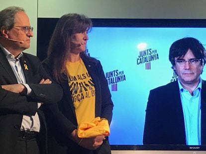 Acto de JxCat este domingo con el president Quim Torra y Laura Borràs, en el que el 'expresident' Carles Puigdemont ha participado por videoconferencia.