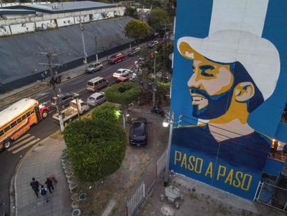 Aerial view of a mural at the Zacamil apartment complex depicting President Nayib Bukele in the Salvadoran city of Mejicanos on Friday, Jan. 26, 2024. 