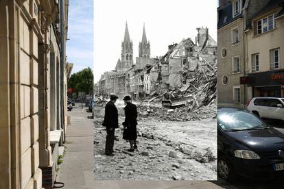 Una imagen de la localidad de Caen, bombardeada por los aliados durante el Día D y casi totalmente destruida. La Iglesia, en segundo plano, fue uno de los pocos edificios que resistió entero.