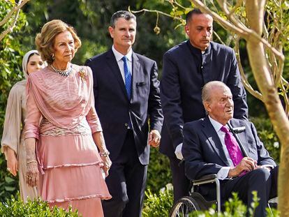 Former King of Spain Juan Carlos, in a wheelchair, and his wife Sofia arrive at the marriage ceremony of Crown Prince Hussein and Saudi architect Rajwa Alseif on Thursday, June 1, 2023, in Amman, Jordan. (Royal Hashemite Court via AP)