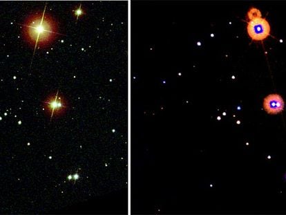 Las imágenes muestran (antes y después) la zona del cielo en la que se observó el 18 de febrero una supernova (en el grupo central de estrellas).