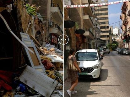 A la izquierda, la calle Gemmayzeh de Beirut (Líbano) el 3 de agosto de 2020. A la derecha, en la actualidad.