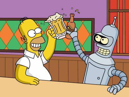 Homer y Bender brindan con cerveza artesana e industrial, respectivamente.
