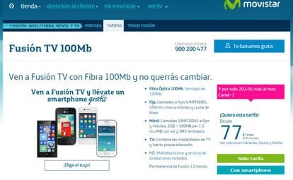 Página web de Movistar para la contratación de Fusión TV 100Mb.