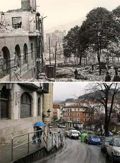 Dos imágenes de una calle de Gernika con 70 años de diferencia: lo que quedó tras el bombardeo de la Guerra Civil y la localidad a día de hoy.