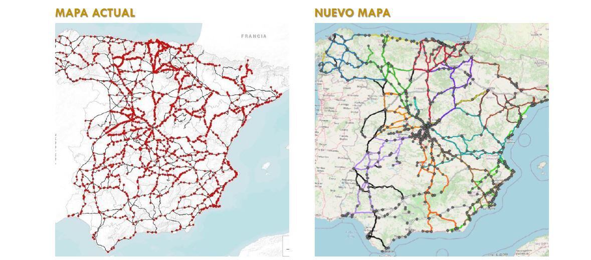 A la izquierda, el mapa actual de las concesiones estatales de autobuses; a la derecha, el mapa futuro y provisional. 