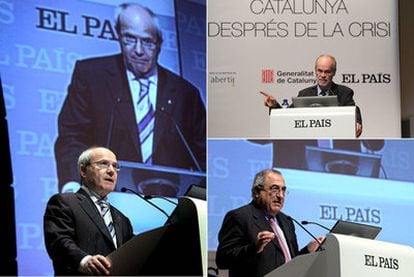 El presidente José Montilla y los consejeros Antoni Castells (arriba a la derecha) y Joaquim Nadal, durante el debate ayer en Barcelona.