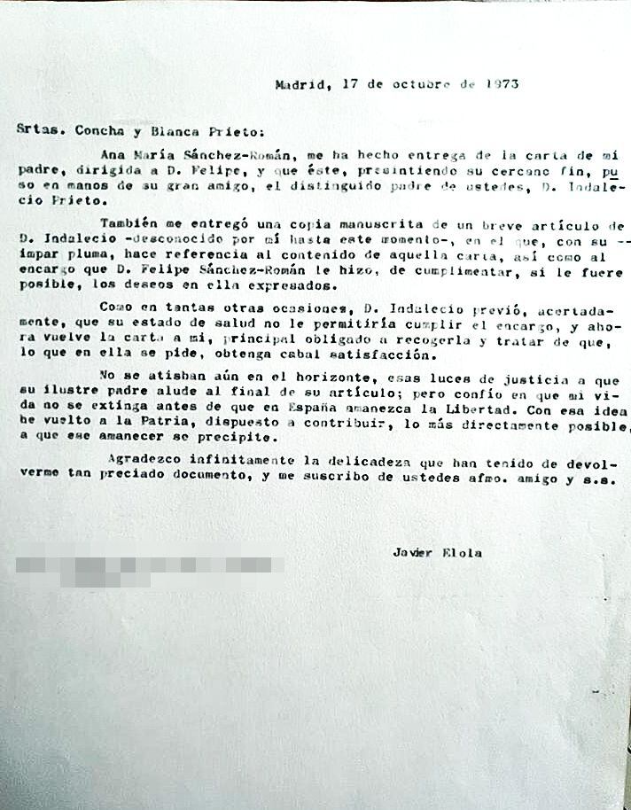 Carta de uno de los hijos de Javier Elola a las hijas de Indalecio Prieto.
