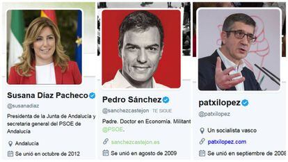 Perfiles en Twitter de los candidatos de las primarias socialistas, Susana Díaz, Pedro Sánchez y Patxi López.
