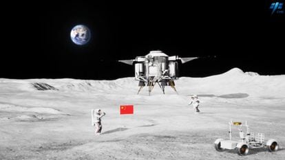 Recreación de dos 'taikonautas' chinos explorando la Luna.