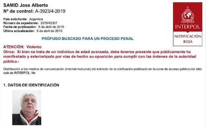 Ficha de Interpol con el pedido de captura internacional contra Alberto Samid.