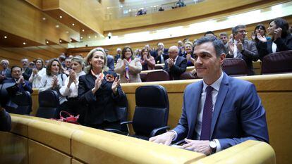 El presidente Pedro Sánchez y varios miembros del Gobierno, este martes en el Senado.