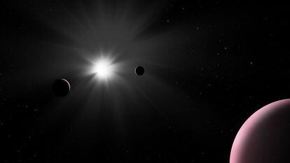 Ilustración que muestra el sistema planetario Nu2 Lupi, que fue explorado recientemente por el observador de exoplanetas de la ESA, 'Cheops'.