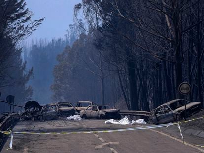 Cuerpos de víctimas del incendio de Pedrógão Grande, en junio de 2017, junto a los coches calcinados en los que intentaban huir por la carretera N236-1 de la peor catástrofe forestal vivida en Portugal.