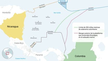 Mapa da área disputada com detalhes das reivindicações da Colômbia e da Nicarágua.