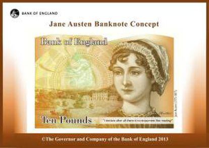 Imagen facilitada por el Banco de Inglaterra, del nuevo billete de 10 libras,  que ha sido presentado hoy, en el que aparece el rostro de la novelista británica Jane Austen, en Londres, Reino Unido, hoy 24 de julio de 2013.