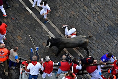 Cuatro cabestros lideraron la carrera con la buena intención de enseñarles a los compañeros el camino a seguir, y todos sortearon como pudieron gente de blanco y rojo que entorpecían su camino. En la imagen, un mozo se protege la cara tras caer durante el tercer encierro de San Fermín.