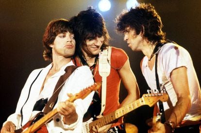 Mick Jagger, Ron Wood y Keith Richards en un concierto en Canadá, en 1979.