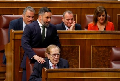 Santiago Abascal y Ramón Tamames, este martes durante la primera jornada de la moción de censura de Vox.