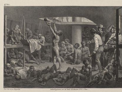 Un grabado de 1835 muestra esclavos a bordo de un barco, titulado "Negros en la bodega".