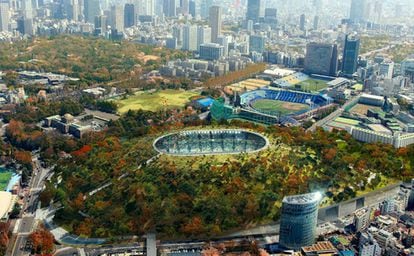 El "estadio montaña", de DGT Architects, es uno de los proyectos que se presentaron para los Juegos Olímpicos de Tokio que, aunque no ganaron, sirvieron de inspiración para Nou Parc. |