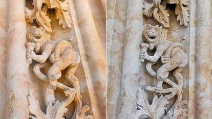 A la izquierda, el diablo de la catedral de Salamanca tras perder una pata. A la derecha, en su forma original.
