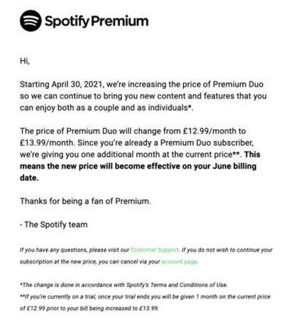 Mensaje que les ha llegado a los usuarios de Spotify Premium en Reino Unido