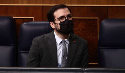 El ministro de Consumo, Alberto Garzón, durante una sesión plenaria celebrada en el Congreso de los Diputados, en febrero de 2021.
