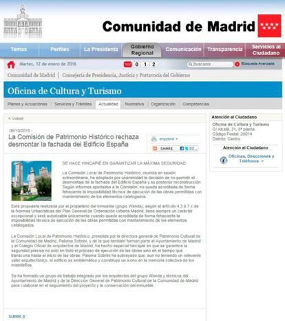 La Comunidad comunica su decisión sobre el edificio España en octubre.