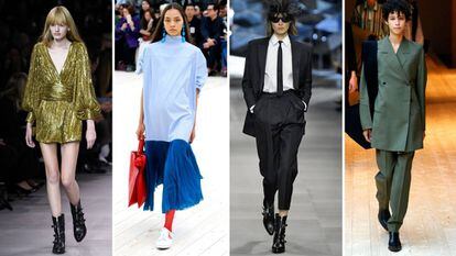 De izquierda a derecha: vestido de Hedi Slimane en Celine en septiembre en 2018 y vestido de Phoebe Philo en Céline en octubre de 2016; traje de Hedi Slimane en Celine en septiembre en 2018 y traje de Phoebe Philo en Céline en marzo de 2017.