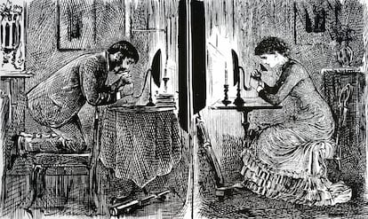 Así se imaginaba el caricaturista británico George du Maurier en 1880 cómo se podría usar el móvil para ligar. Angelito...
