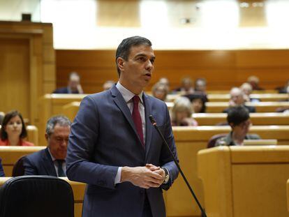 El presidente del Gobierno, Pedro Sánchez, durante una de sus intervenciones en el Senado, este martes.