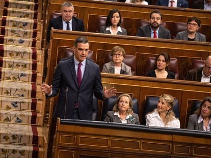 El presidente del Gobierno, Pedro Sánchez, interviene durante una sesión de control al Gobierno, en el Congreso de los Diputados, este miércoles.