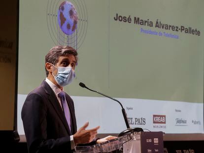 José María Álvarez Pallete, presidente de Telefónica, en su intervención en el Foro Tendencias 2021, este jueves en Madrid.