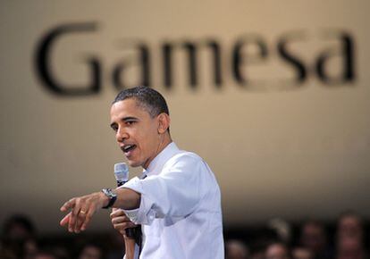 El presidente Obama, durante su intervención en la planta de Gamesa en Filadelfia.