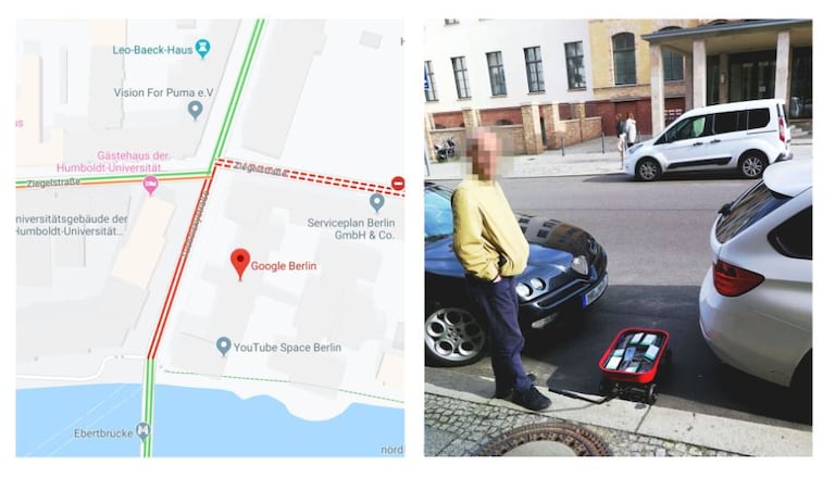 Simon Weckert with 99 'smartphones' in front of the Google offices in Berlin, on February 8, 2020.